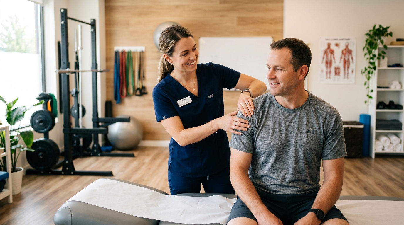 Physiotherapeutin behandelt Patienten in der Praxis
